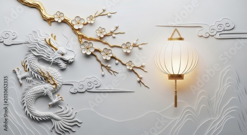 3d relief wall art featuring a white dragon and golden cherry blossom branch