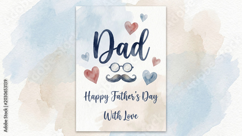 Father's Day greeting card decorated with watercolor hearts and a gentleman's mustache and glasses graphic sits on a textured white background to celebrate a parent with affection and warmth.