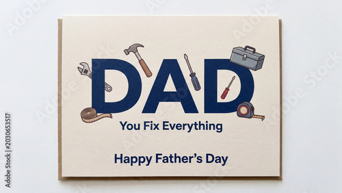 Greeting card featuring tools like a hammer, screwdriver, and tape measure arranged around the word Dad to honor fatherly support and craftsmanship during the annual celebration of Father's Day.
