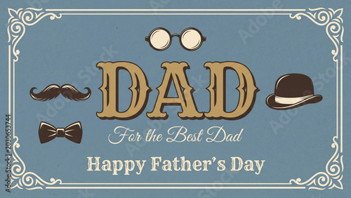 Father's Day greeting card displays vintage illustrations of a mustache, spectacles, and a bowler hat on a blue background to celebrate the special occasion with a message of appreciation for fathers.