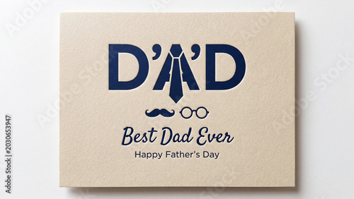 Minimalist card design displays the word Dad combined with a necktie, mustache, and glasses icon on a textured beige paper surface to honor a father on his special day of recognition and love.