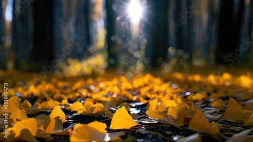 Sunbeams pierce autumn forest canopy, illuminating golden fallen leaves