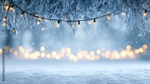Snowy winter wonderland with frosted branches and warm festive lights