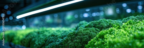 Rows of vibrant green leafy vegetables illuminated by a bright grow light