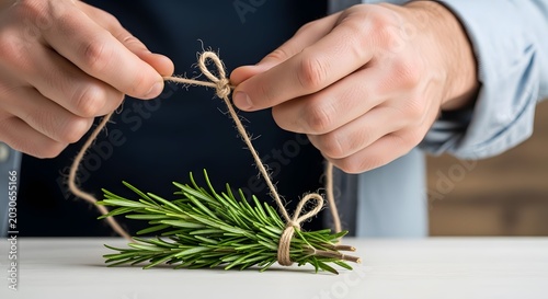 Hands Tying Twine Around Fresh Rosemary Sprigs for Gifting.