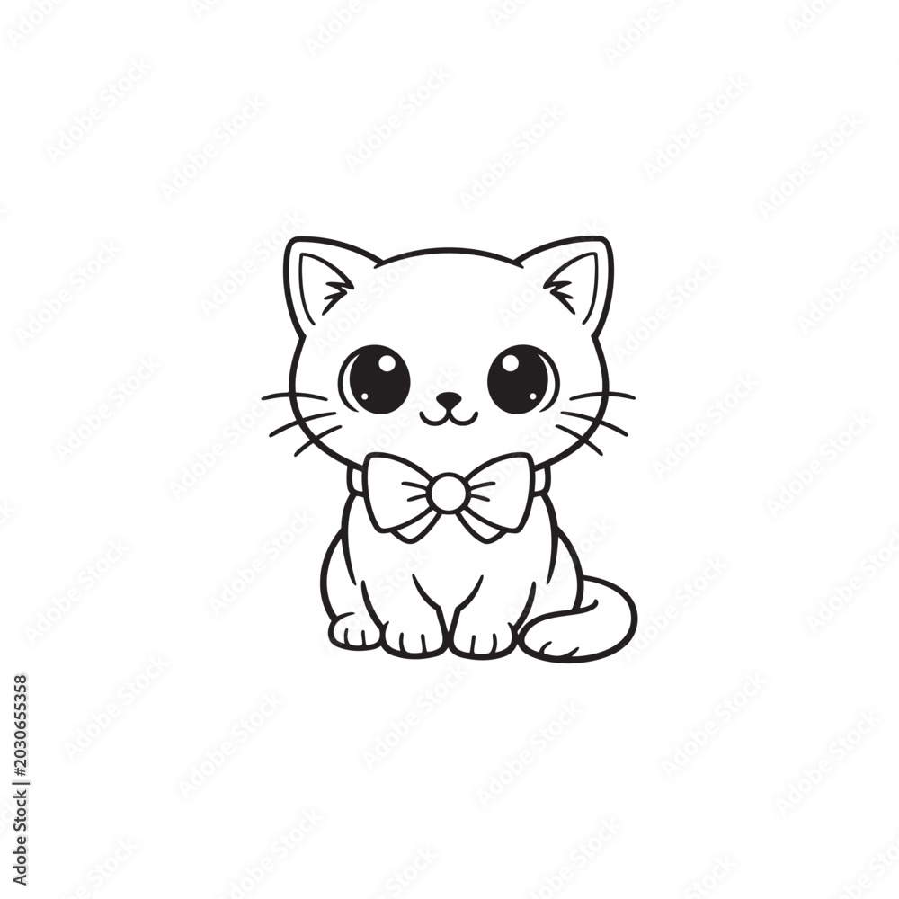 Fototapeta premium Cute Kawaii Kitten with Bow Tie Sitting — Adorable Big Eyes Cartoon Cat Line Art Outline Drawing Isolated on White, Vector Illustration for Kids Coloring Page