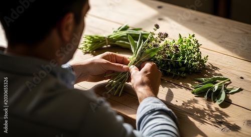 Man Bundling Fresh Herbs on a Rustic Wooden Table.