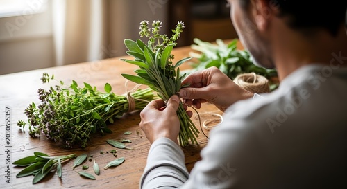 Man Bundling Freshly Harvested Herbs on Wooden Table.