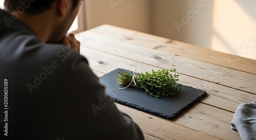 Man Contemplating Fresh Thyme Sprigs on Slate Plate.