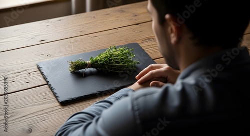 Man Contemplating Fresh Herbs on a Slate Board.