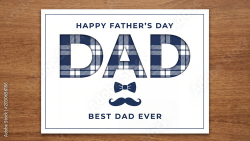 Father's Day greeting card features plaid typography and a bow tie icon centered on a rustic wooden table background to celebrate a parent with a stylish and minimalist graphic design for the holiday.