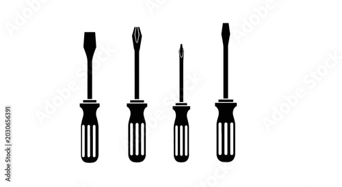 Konstfotografi Four black screwdrivers on white background.