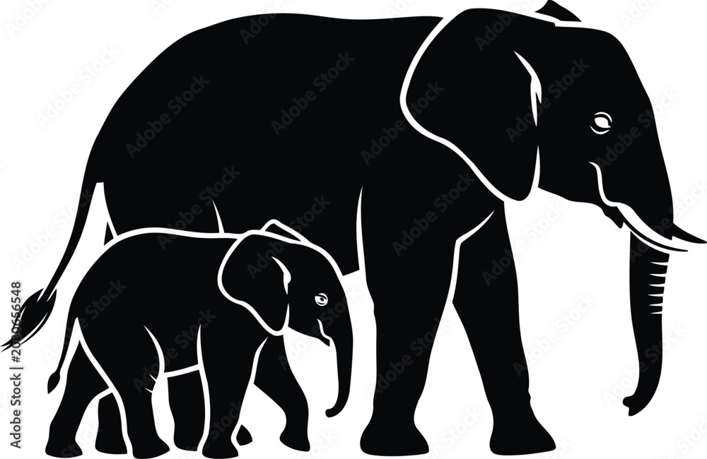 Ταπετσαρία Black silhouette of an adult elephant and a baby elephant