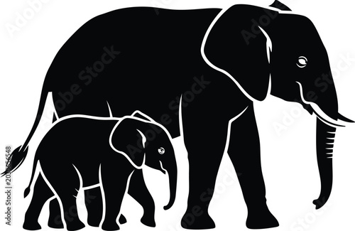 Photography Black silhouette of an adult elephant and a baby elephant