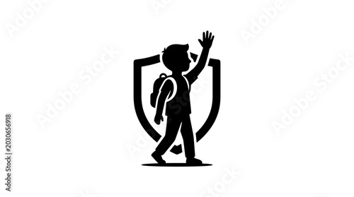 Schoolboy silhouette stands proudly inside a protective shield icon to represent student safety and education security.
