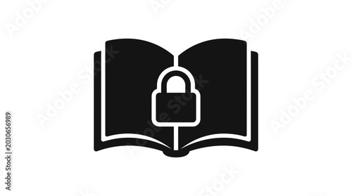 Quadro su tela Book with a closed padlock symbolizes intellectual property protection, restricted access to information, private research, and data security in a conceptual vector illustration