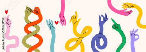 Foto Flexible cartoon arms with expressive gestures, elastic stretched hands showing love, friendship, and positive signs in vibrant colors