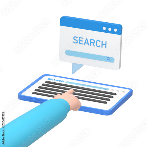 Flat 3d isometric businessman hand use tablet to searching keyword on search engine.Keyword research and seo concept.Supports PNG files with transparent backgrounds.
