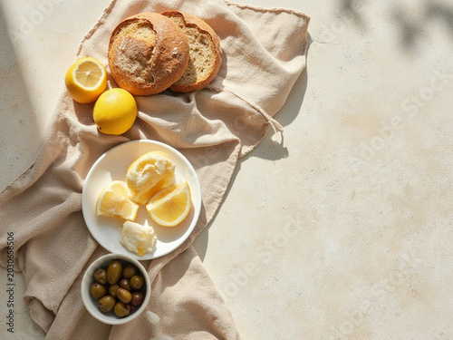Food arrangement on cloth with lemons and olives on table outside