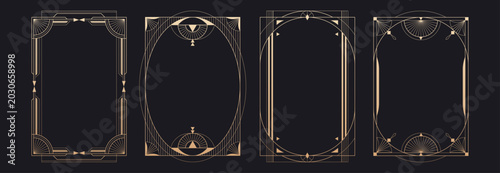 Luxury art deco frames with geometric gold lines, ornamental borders, vector set isolated on black background. Vintage golden design for 1920s style invitations, posters, and wedding cards