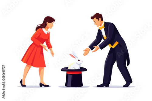Foto Magician pulling rabbit out of top hat for female spectator