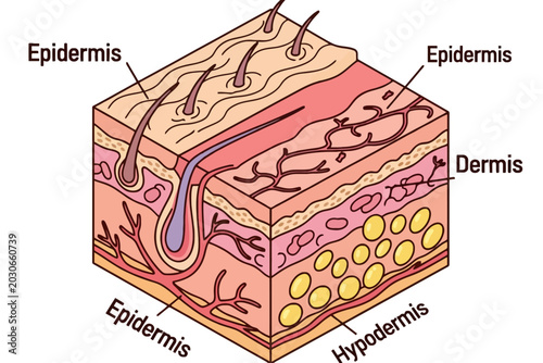 Photos Human Skin Cross Section Diagram showing Epidermis and Dermis Layers