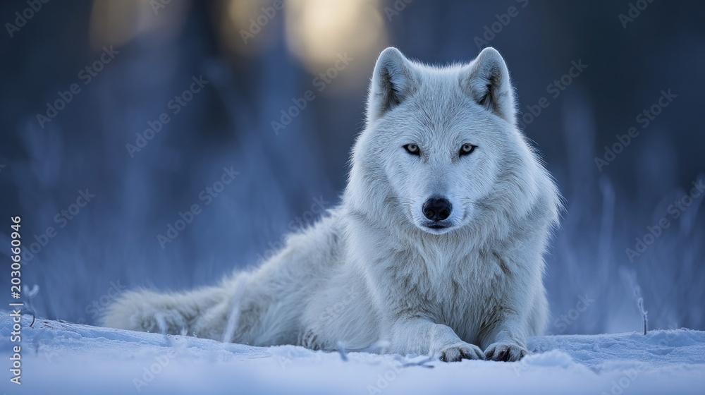 Obraz premium Majestic white wolf rests alertly in a cold, muted landscape with soft light in the background.