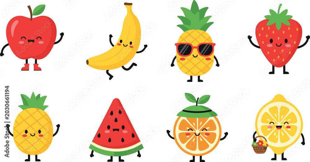 Obraz premium Cute Fruit Characters Icon Set Featuring Apple, Banana, Pineapple, Strawberry, Watermelon, Orange, and Lemon for Kids Apps, Websites, and Digital Designs