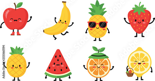 Cute Fruit Characters Icon Set Featuring Apple, Banana, Pineapple, Strawberry, Watermelon, Orange, and Lemon for Kids Apps, Websites, and Digital Designs