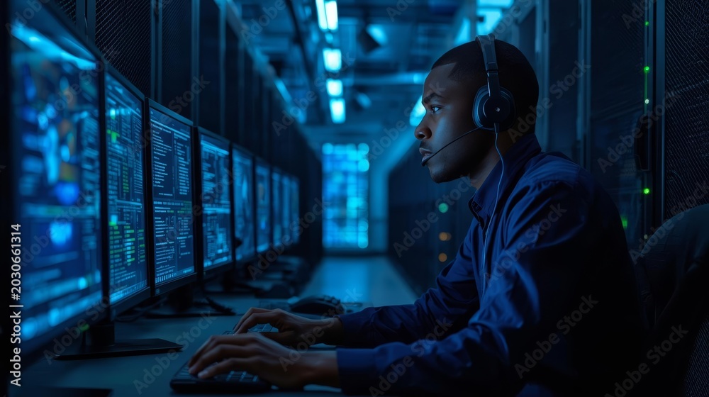 Fototapeta premium Data Center Technician Monitoring Ai Security Systems