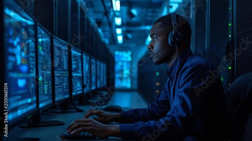 Data Center Technician Monitoring Ai Security Systems