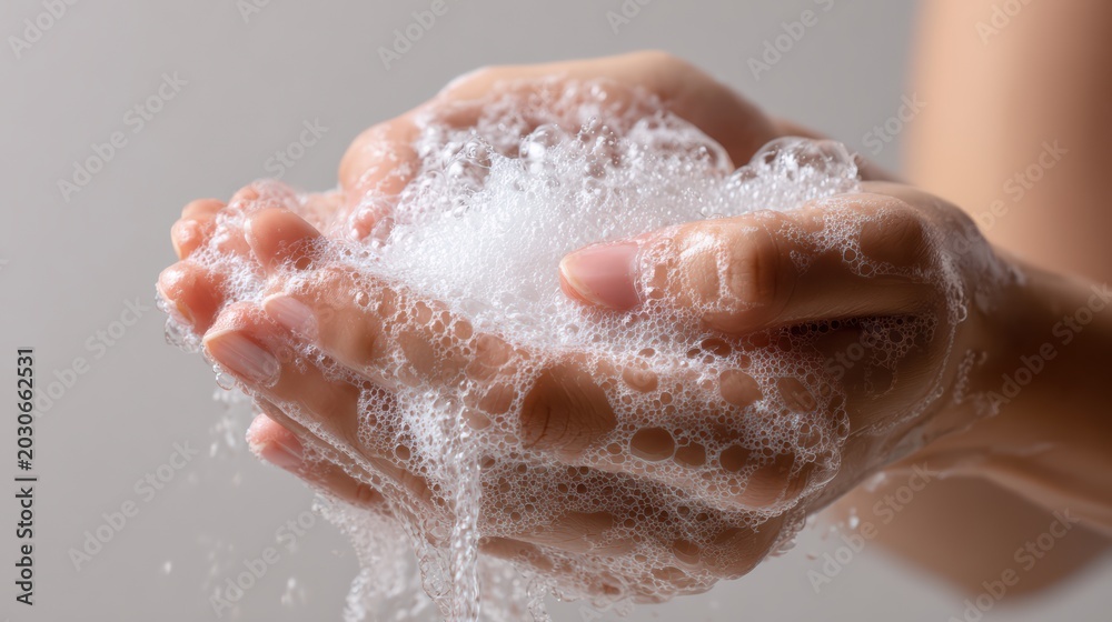 Fototapeta premium female hands lathering bar soap foam during hand washing, minimal soft white background, hygiene and cleanliness theme, ultra realistic photography,