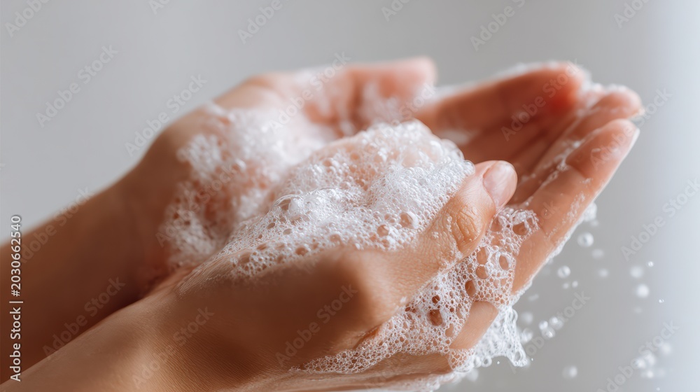 Fototapeta premium female hands washing with bar soap lather, arms visible to elbow, bright white soft background, hygiene concept photography, 8k
