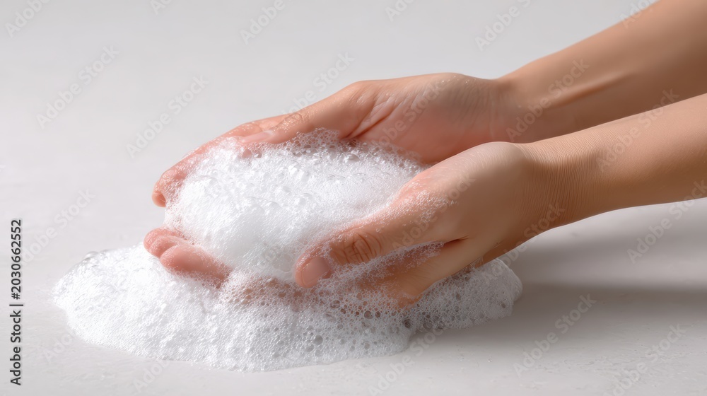 Fototapeta premium female hands washing with bar soap lather, arms visible to elbow, bright white soft background, hygiene concept photography, 8k