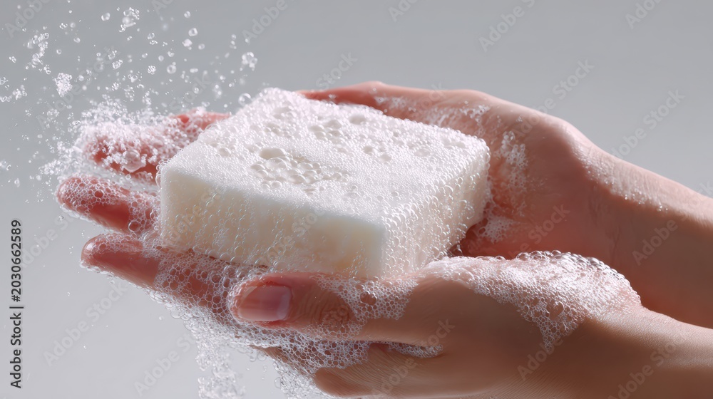 Fototapeta premium female hands washing with bar soap lather, arms visible to elbow, bright white soft background, hygiene concept photography, 8k