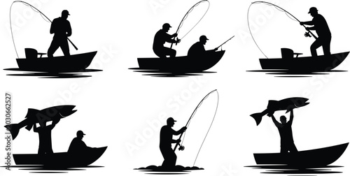Obraz na plátně Minimal fisherman silhouette vector set with fishing boats and giant fish isolat