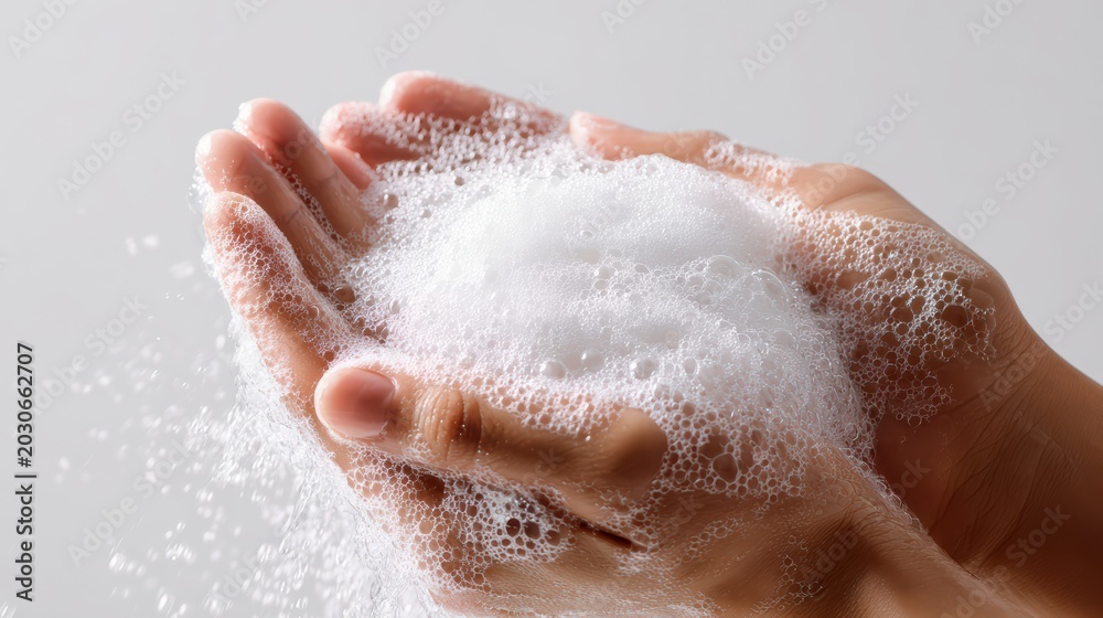 Fototapeta premium woman hands lathering soap bar creating foam bubbles, arms visible to elbow, simple minimal white background, hyper realistic canon style photo