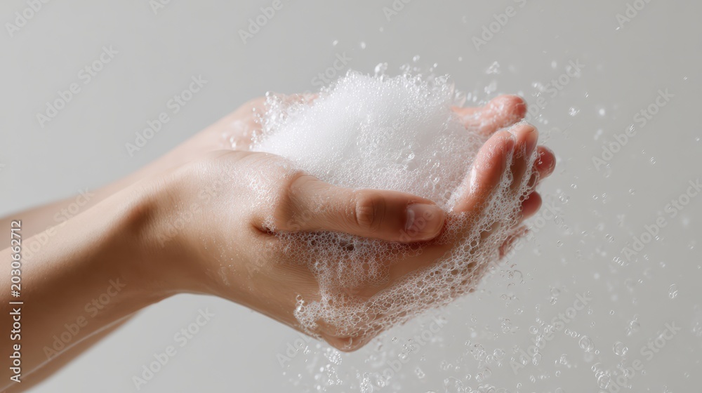Fototapeta premium woman hands lathering soap bar creating foam bubbles, arms visible to elbow, simple minimal white background, hyper realistic canon style photo