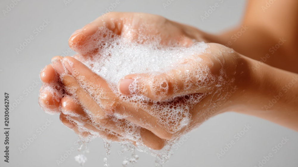 Fototapeta premium woman washing hands with solid soap bar creating rich foam, arms visible to elbow, soft studio white background