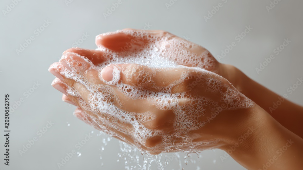 Fototapeta premium woman washing hands with solid soap bar creating rich foam, arms visible to elbow, soft studio white background