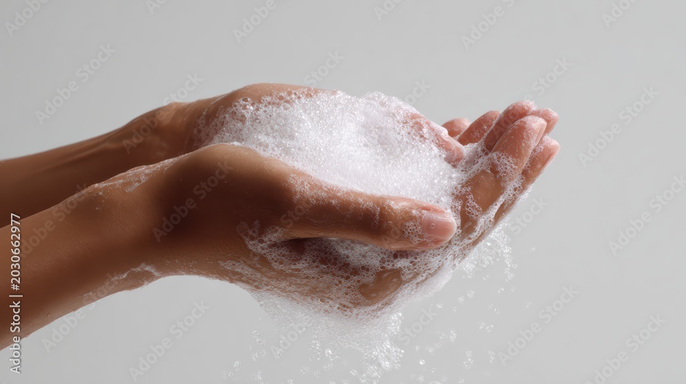 Fototapeta premium woman washing hands with solid soap bar creating rich foam, arms visible to elbow, soft studio white background