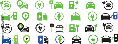 EV charging station icons featuring electric car plug, battery power level, and hybrid vehicle symbols. Electric car charging icon set with EV plug,
