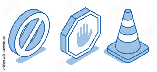 Isometric vector set of linear icons of prohibition and traffic cone on a white background, prohibition and restriction