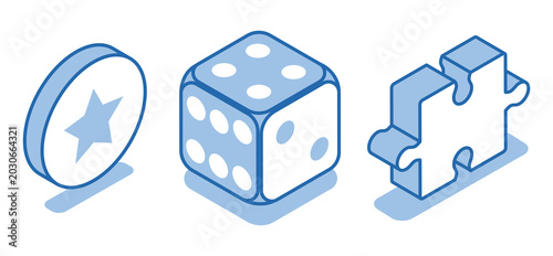 Isometric vector set of linear icons of a dice next to a chip and a puzzle piece on a white background, entertainment and excitement