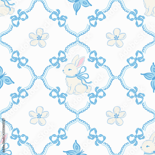 Seamless pattern of hand drawn bunny with bow, butterfly and flower in decorative blue wavy frames. Cute vintage design for nursery decor, stationery, baby apparel, and feminine branding. Vector 