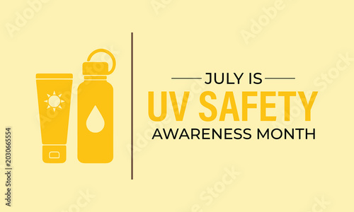 UV safety awareness month vector collection with sunglasses, shield, sunscreen bottle, protective clothing and sun icons in minimalist yellow flat style. Modern healthcare awareness graphics design.