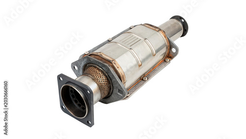 Φωτογραφία Modern metallic silver automotive exhaust pipe silencer resonator component for