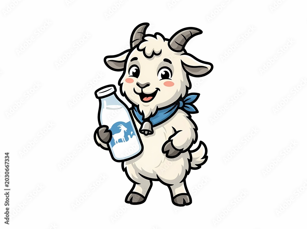 Fototapeta premium Cute Cartoon Goat Character Holding a Bottle of Fresh Goat Milk.