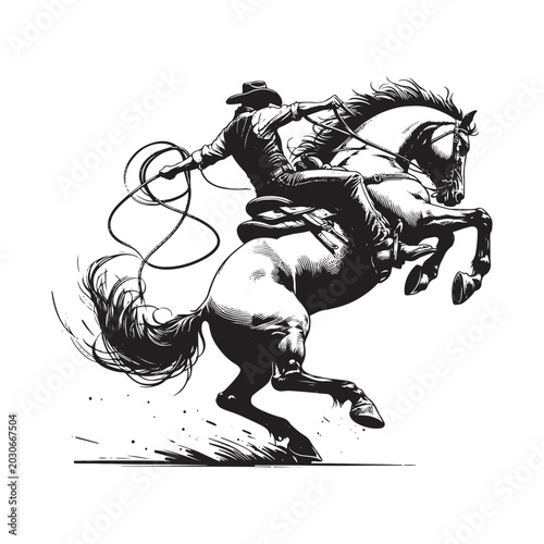 Cowboy riding a bucking horse with a lasso isolated on white background