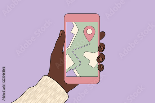 Flat vector illustration of a hand holding a cell phone with a GPS map app